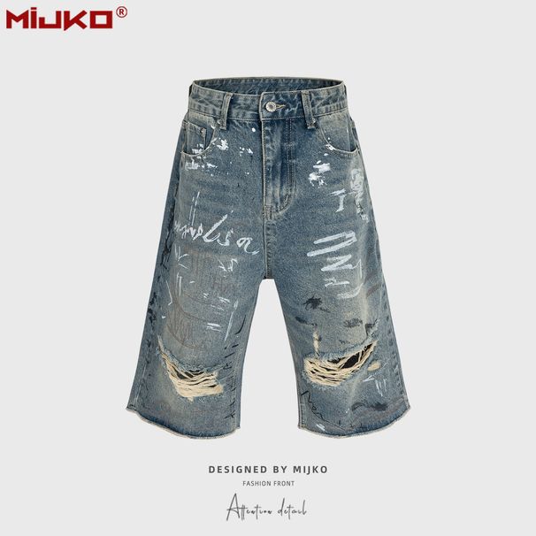 Men's Clothing Men's And Women's Spring And Summer New Ripped Shorts Men And Women's Same Style Hand Painted Graffiti Hole Seven Point Jeans_mkmklike.com