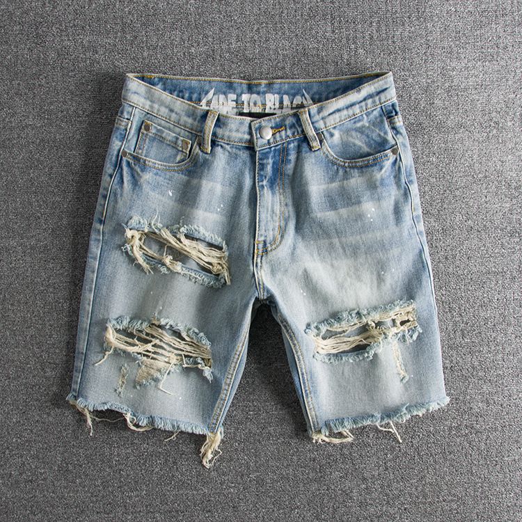 Men's Clothing Washed And Distressed Ink Splashed Large Hole Youth Trendy Original Men's Denim Shorts_mkmklike.com