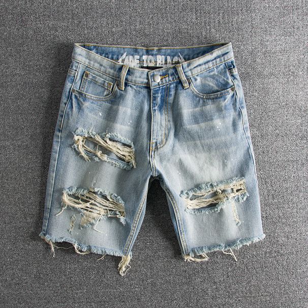 Men's Clothing Washed And Distressed Ink Splashed Large Hole Youth Trendy Original Men's Denim Shorts_mkmklike.com
