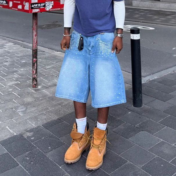 Men's Clothing Large Size Washed Hot Diamond Design Jeans Street Loose Slim Wide Leg Drop Feeling Mid Length Pants_mkmklike.com