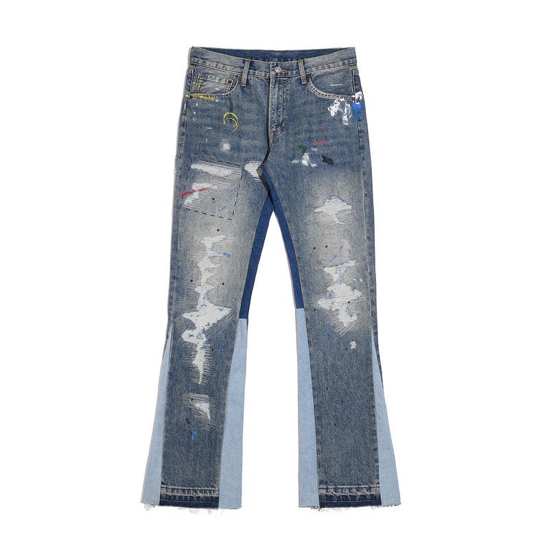 Distressed Vintage Washed Jeans – 90s Grunge Flared Denim With Ripped Details & Paint Splatter_mkmklike.com