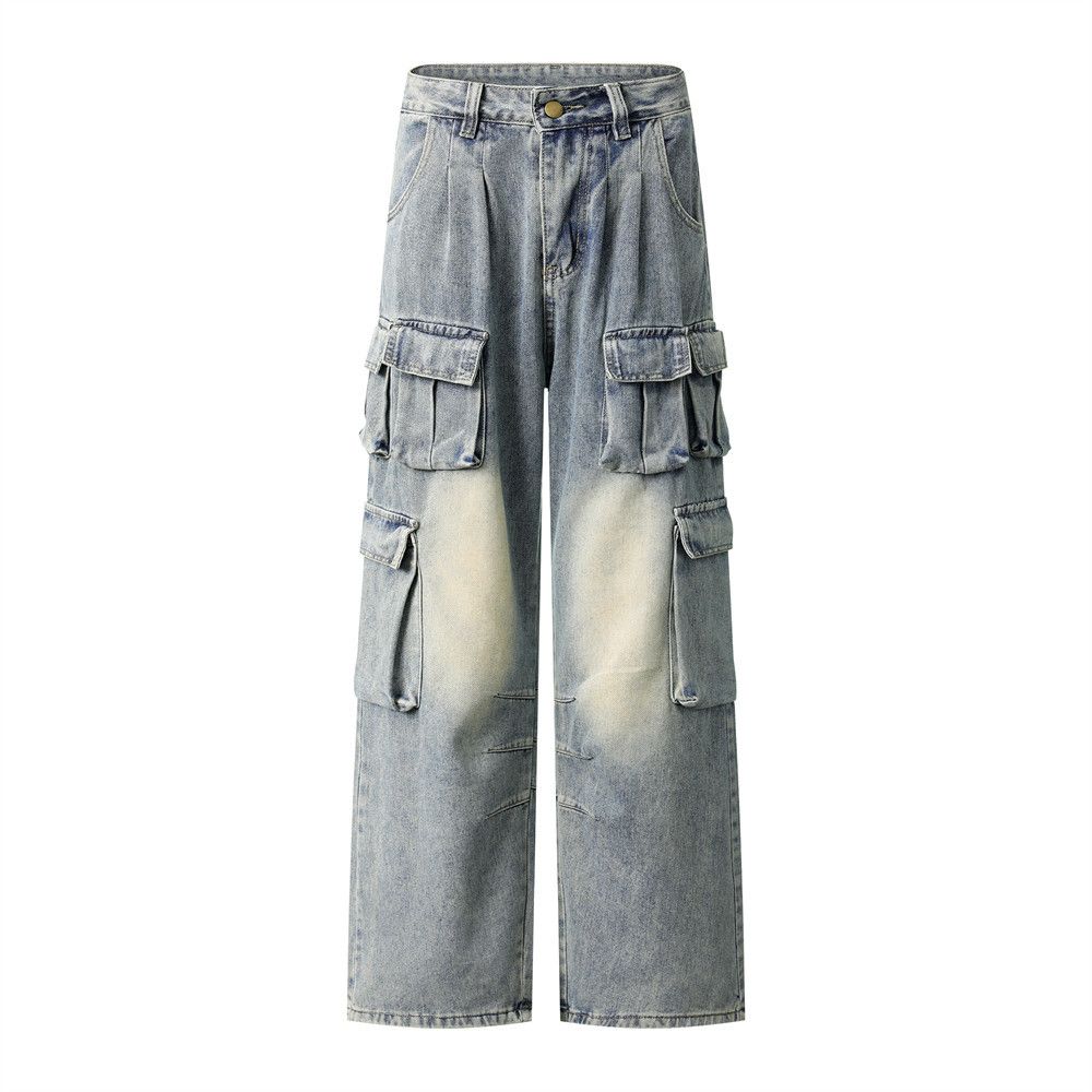 American Style Multi-Pocket Cargo Jeans For Men, Trendy Brand, Niche Design, Loose Straight-Leg Pan, Wide-Leg Long_mkmklike.com