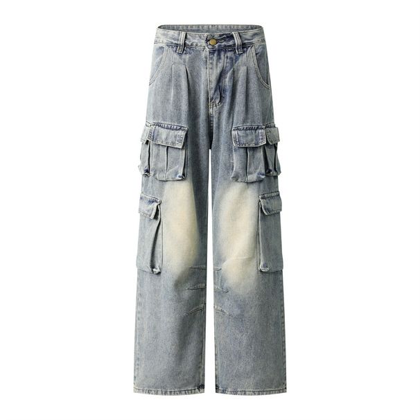 American Style Multi-Pocket Cargo Jeans For Men, Trendy Brand, Niche Design, Loose Straight-Leg Pan, Wide-Leg Long_mkmklike.com