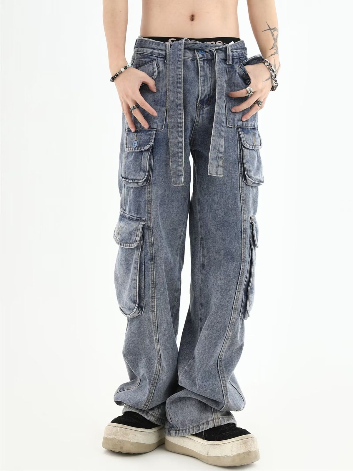 Vintage Style High Street Straight Leg Cargo Jeans For Men, Retro Loose Fit Work Pants With Pockets, Trendy Streetwear For Fall_mkmklike.com