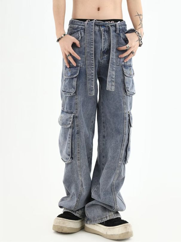 Vintage Style High Street Straight Leg Cargo Jeans For Men, Retro Loose Fit Work Pants With Pockets, Trendy Streetwear For Fall_mkmklike.com