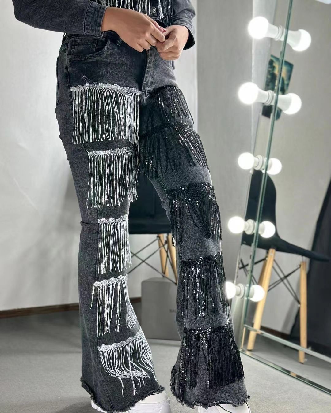 Women's Clothing Fashion Street Shot Sequin Tassel Design Flared Jeans_mkmklike.com