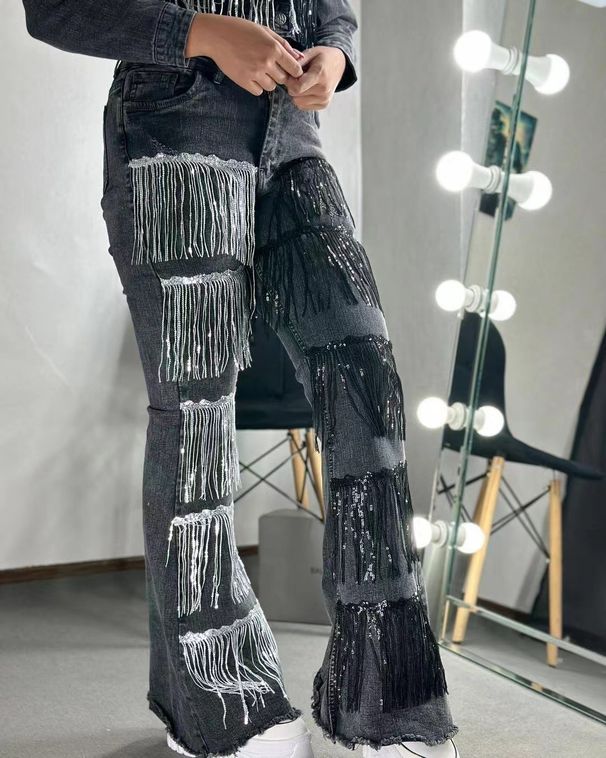 Women's Clothing Fashion Street Shot Sequin Tassel Design Flared Jeans_mkmklike.com