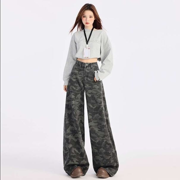 American-style High-waisted Camouflage Wide-leg Jeans Women, Loose Slimming Straight Pants Spring And Autumn, Available_mkmklike.com