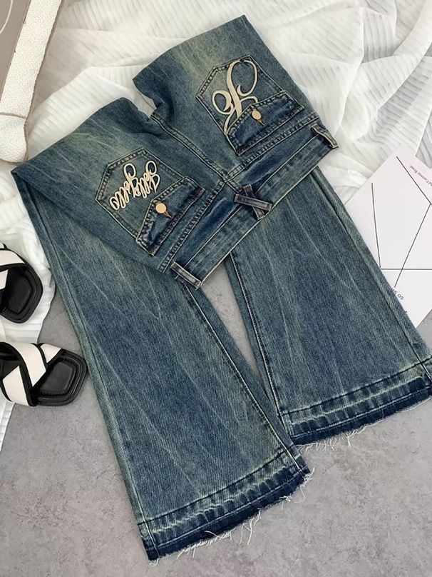 Women's Vintage Low-Rise Flared Jeans Retro Blue Distressed High-Waisted Stretch Denim Pants with Embroidery_mkmklike.com