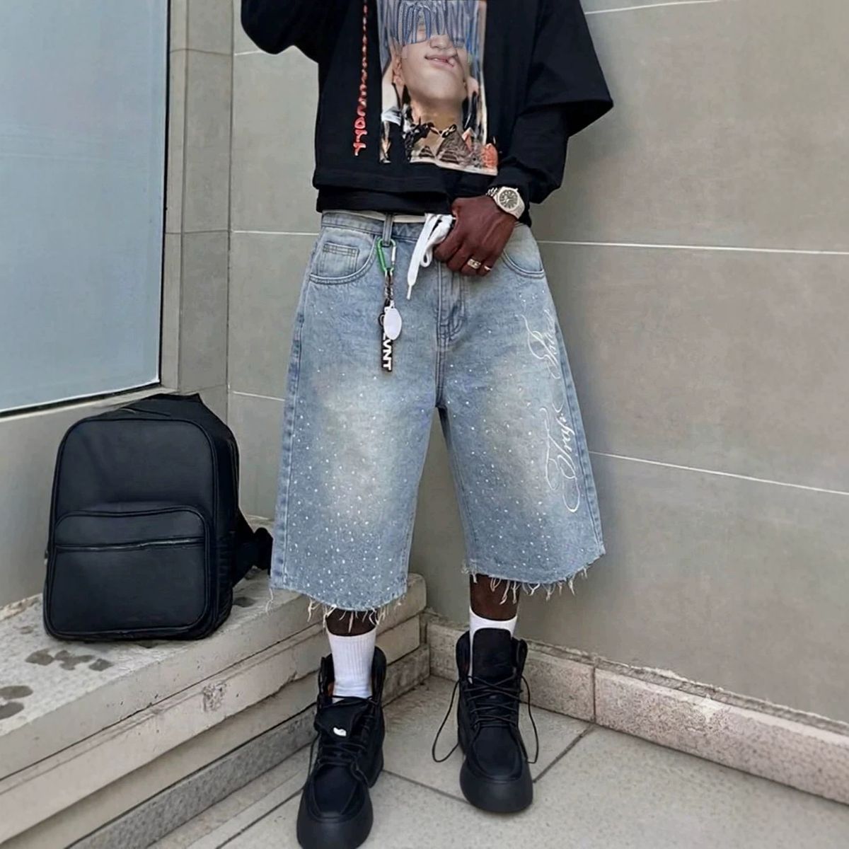 Men's And Women's Streetwear Denim Shorts Straight Wide Loose Capri Rhinestone Decorated_mkmklike.com