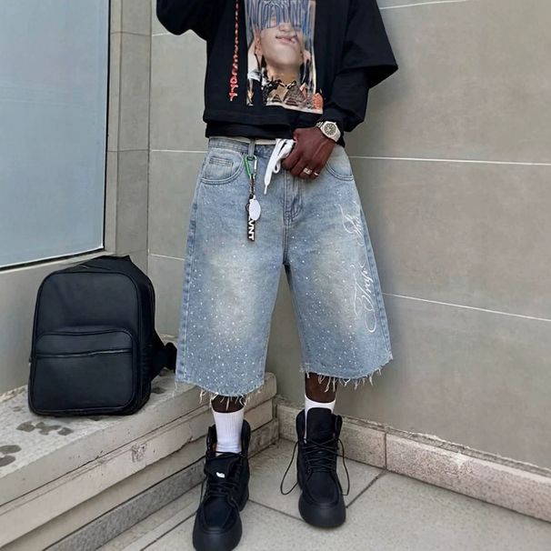 Men's And Women's Streetwear Denim Shorts Straight Wide Loose Capri Rhinestone Decorated_mkmklike.com
