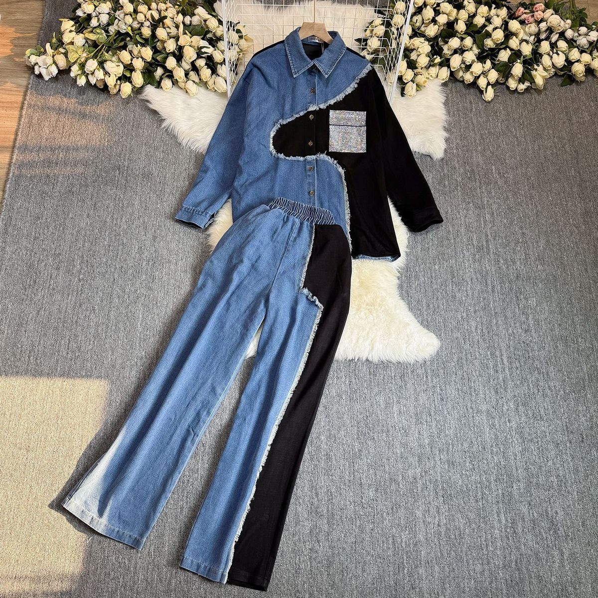 Women's Clothing Retro Casual Suit For Women Version Contrast Color Stitching Denim Shirt + High Waist Loose Wide Leg Pants Two Piece Suit_mkmklike.com