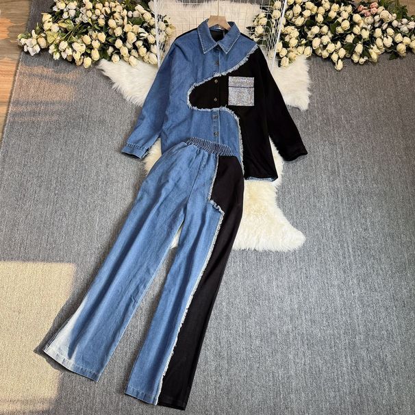 Women's Clothing Retro Casual Suit For Women Version Contrast Color Stitching Denim Shirt + High Waist Loose Wide Leg Pants Two Piece Suit_mkmklike.com