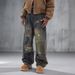 Men’s Loose Fit Straight Leg Jeans – Blue-Green Washed Graffiti Denim With Distressed Details_mkmklike.com
