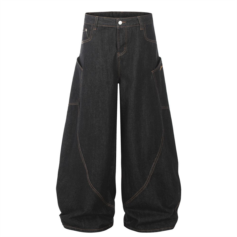 Loose Wide-Leg Denim Scimitar Men's Hip-Hop Trendy Design Deconstructed Split Stitching Workwear Long Pants_mkmklike.com