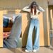 High-waisted, Loose-fitting, Slimming Straight-leg Flared Jeans With Sparkling Rhinestones And Micro-flares For Women_mkmklike.com