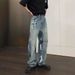 Retro Washed Distressed Graffiti Ripped Jeans High Street Style Loose Straight Leg Floor Length Wide Leg Pants For Men And Women_mkmklike.com