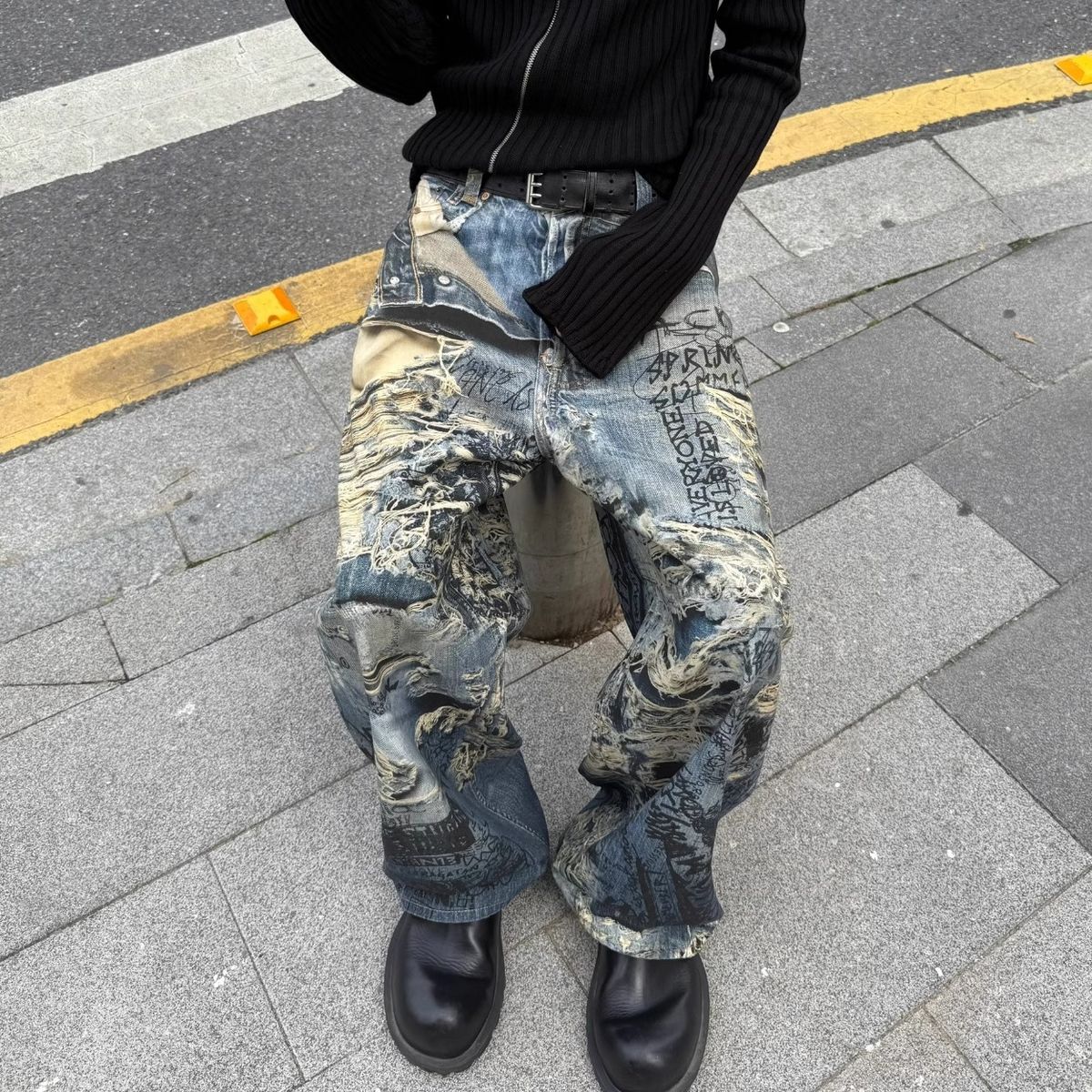 Men's 3D Printed Distressed Jeans – Loose Fit Streetwear Denim Pants With Digital Illusion Design (Blue, S-XXXL)_mkmklike.com