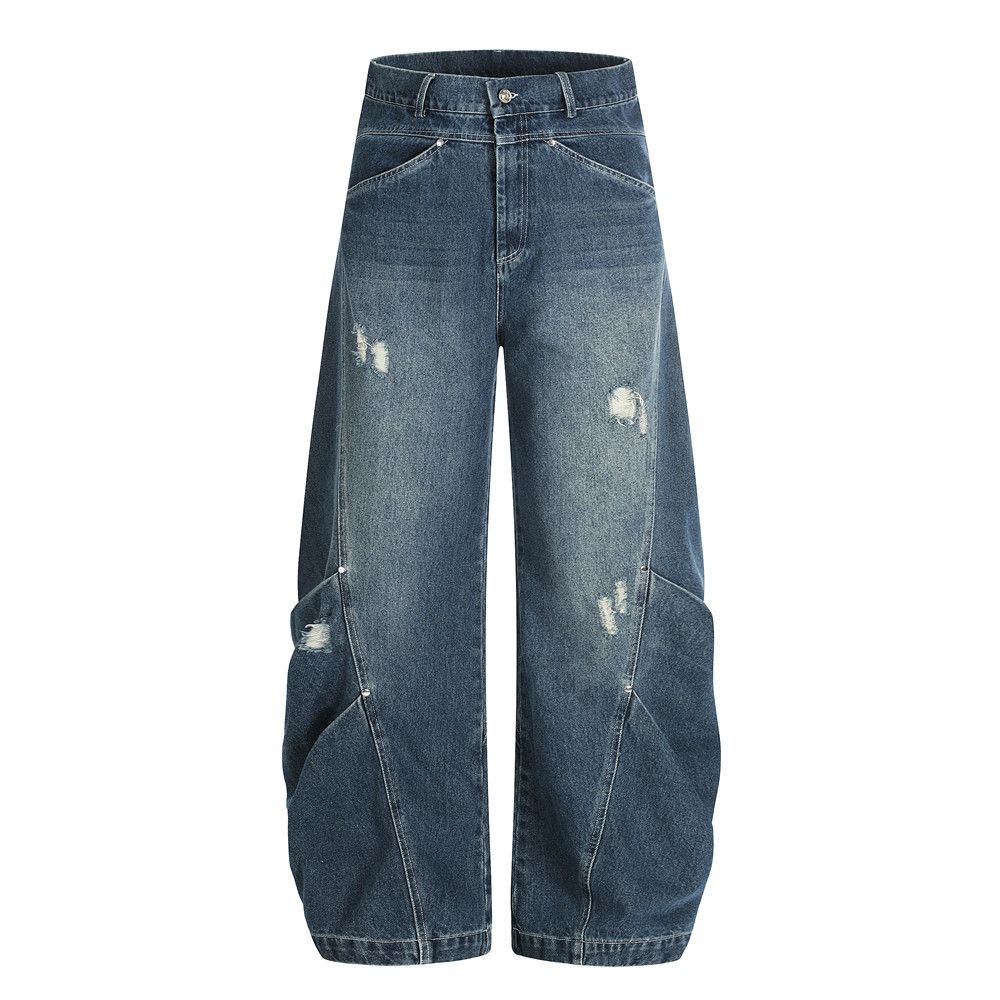 American Style Washed Distressed Scimitar Jeans For Men Loose Wide-Leg Cool Deconstructed Pleated Curved Long Pants_mkmklike.com
