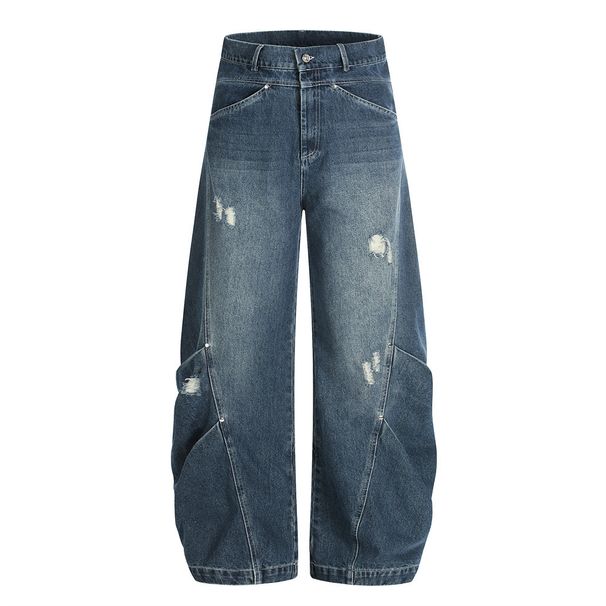 American Style Washed Distressed Scimitar Jeans For Men Loose Wide-Leg Cool Deconstructed Pleated Curved Long Pants_mkmklike.com