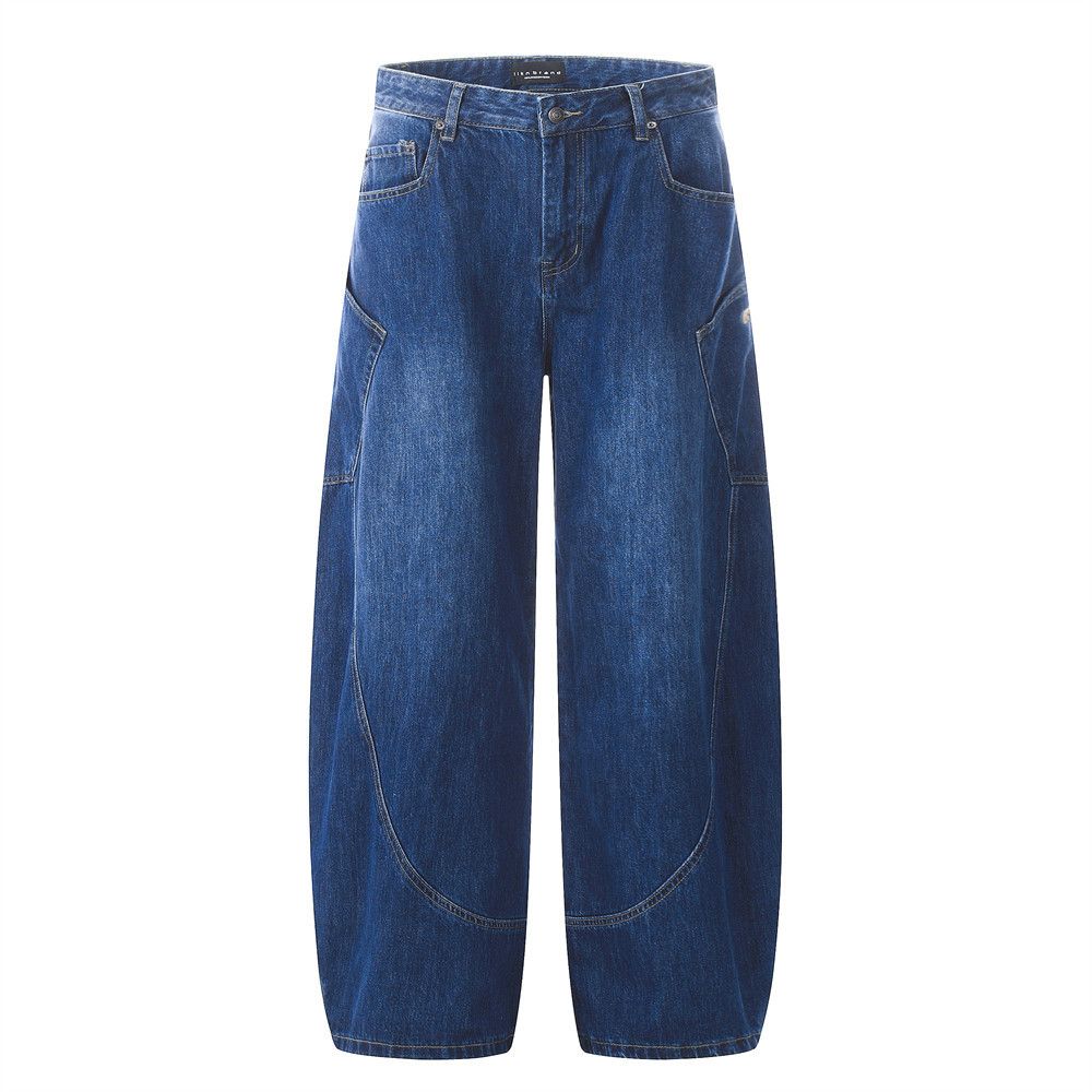 Versatile Loose Jeans For Men With Topstitched Large Pockets, Design Sense Workwear Long Pants, High Street Fashion_mkmklike.com