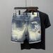 Summer New Ripped Denim Shorts Men's Trendy Brand Patch Print Mid Length Pants Trendy All Match Beggar Shorts_mkmklike.com