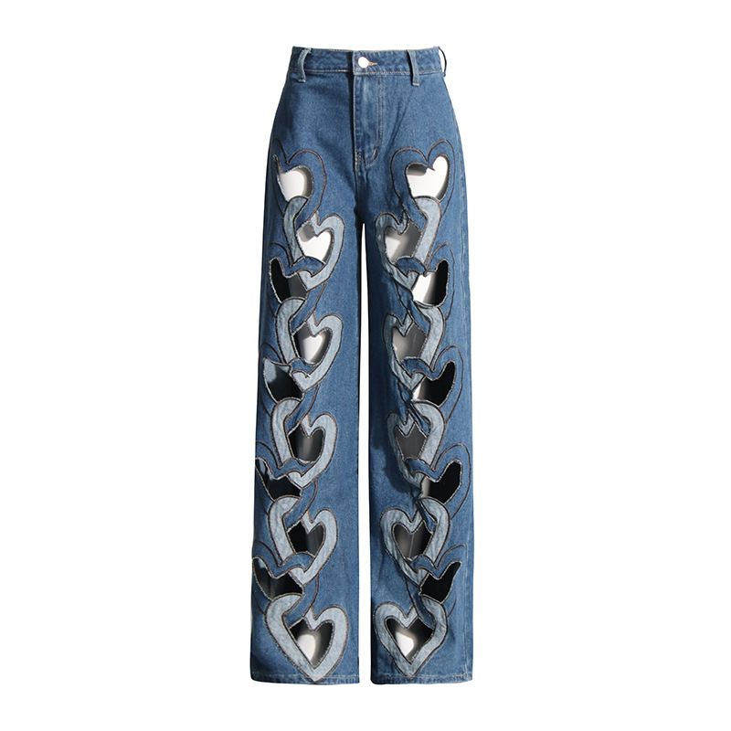 Women's Clothing Fashionable Design Straight Pants Summer New High Waist Printed Love Hollow Wide Leg Jeans_mkmklike.com