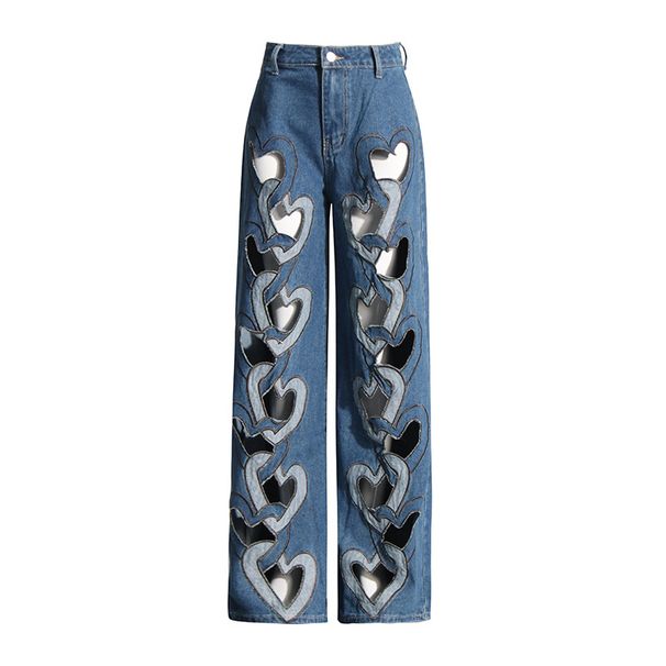 Women's Clothing Fashionable Design Straight Pants Summer New High Waist Printed Love Hollow Wide Leg Jeans_mkmklike.com