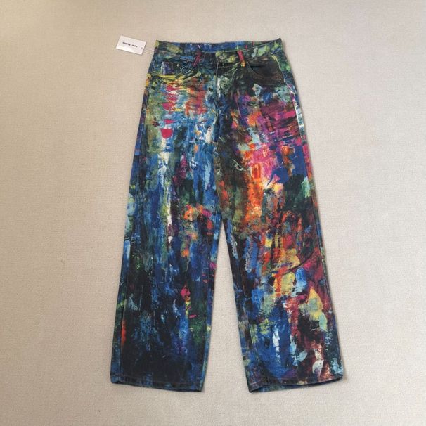 American Style Digital Painted Graffiti Unisex Couple's Washed Distressed Loose-fit Jeans Trendy Pants_mkmklike.com