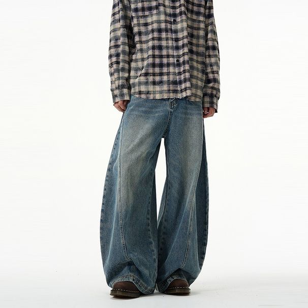Men's Clothing Unisex High Street Baggy Jeans – Retro Wide-Leg Straight Denim Pants | Distressed Wash, Oversized Fit, Y2K Aesthetic (Blue, S-3XL)_mkmklike.com