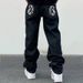 Men's Clothing High Street Hip Hop Flying Dog Print Jeans - Loose Fit Straight Leg Casual Trousers For Teen Boys (Black With White/Yellow Dog Print)_mkmklike.com