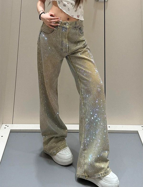 Glam Rhinestone Embellished Straight Leg Jeans - Trendy Girl Style Starry Denim Pants For Women_mkmklike.com