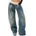 Women's Vintage Distressed Washed Deconstructed Jeans mid Rise Ribbed Waist Visible Stitching Pleats Wide Leg Silhouette_mkmklike.com