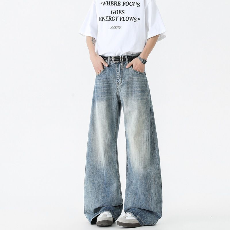 Spring And Autumn American Trendy Brand Bamboo Pattern Jeans Washed Cleanfit Scimitar Pants Men's Wide-leg Pants_mkmklike.com