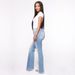 Women's Distressed High Waist Bootcut Jeans - Light Blue Stretch Denim Pants With Raw Hem Detail, Plus Size Available_mkmklike.com