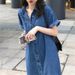 Korean Short Sleeved Loose Plus Size Denim Shirt For Women, Mid To Length, Slimming Dress, Tall And Long Skirt_mkmklike.com