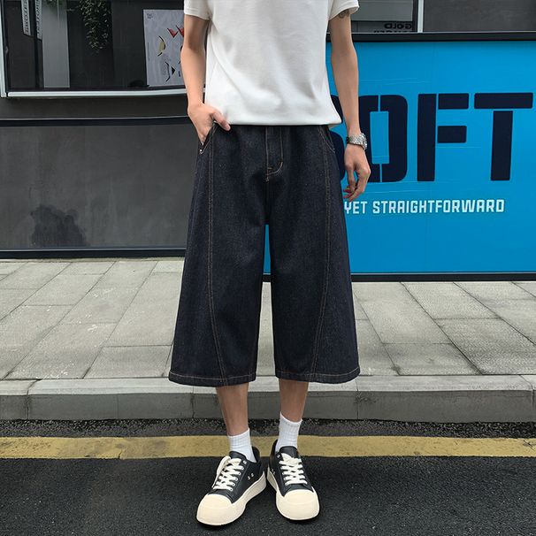 American High Street Style Diagonal Cut Patchwork Washed Cropped Pants, Trendy Brand, Cool And Casual, Loose Wide-leg_mkmklike.com