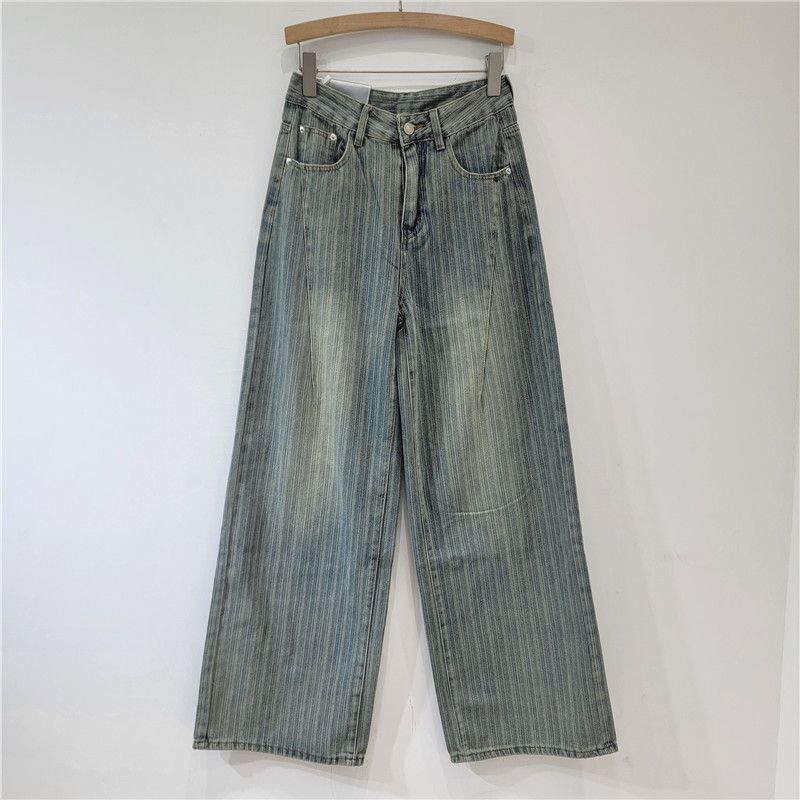 Women's Clothing Retro And Fashionable Ins Striped Jeans New Style Stylish Design Lazy Style Wide Leg Trousers For Women_mkmklike.com