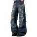 Dirty Dyed Ripped Jeans Men's Straight Loose Wide Legs American High Street Pants Trendy Brand Ruffian Handsome Beggar Design Trousers_mkmklike.com