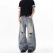 Hole Washed Old Scimitar Design Sense Jeans Men's Summer New American High Street Loose Long Pants Tide_mkmklike.com