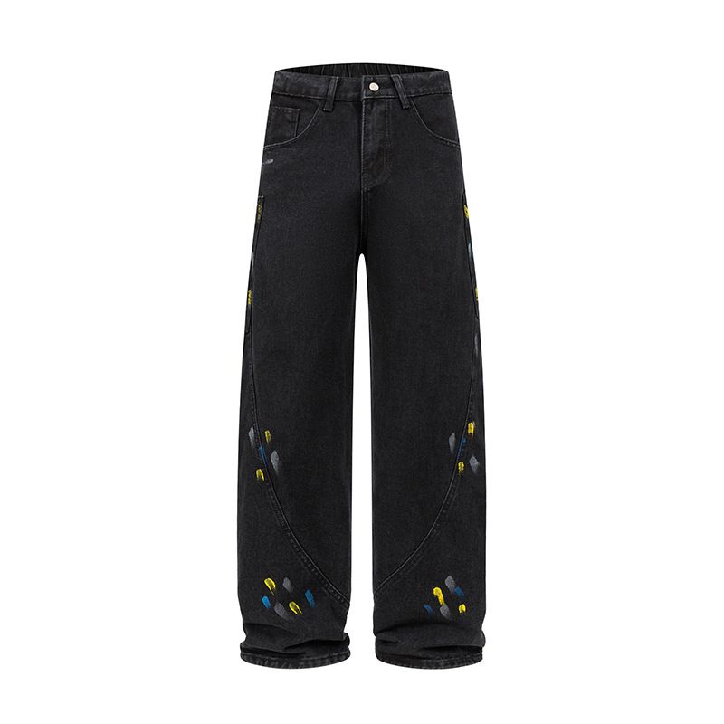 Men's Clothing Ink Splashed Denim Hip Hop Wide Leg Hand Painted Jeans For Men With Personality Loose Straight Leg Casual Machete Pants_mkmklike.com