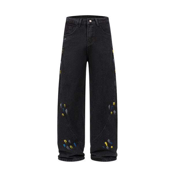 Men's Clothing Ink Splashed Denim Hip Hop Wide Leg Hand Painted Jeans For Men With Personality Loose Straight Leg Casual Machete Pants_mkmklike.com