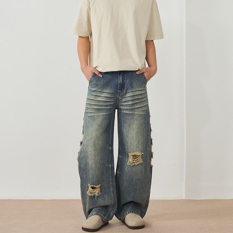 LKTM Wear # American Irregular Piercing Jean Men' And Women' Trendy Brand Cat Beard Looe Wide Leg Bending Knife 719_mkmklike.com