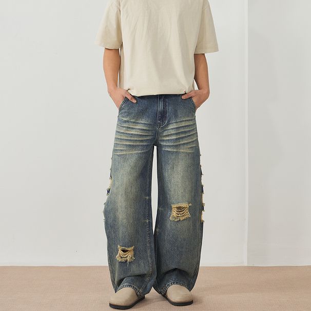 LKTM Wear # American Irregular Piercing Jean Men' And Women' Trendy Brand Cat Beard Looe Wide Leg Bending Knife 719_mkmklike.com