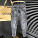 High End Slim Straight Leg Men's Jeans Stretchy Trendy Smoky Gray Printed Trousers For Spring Autumn Versatile Washed Look_mkmklike.com
