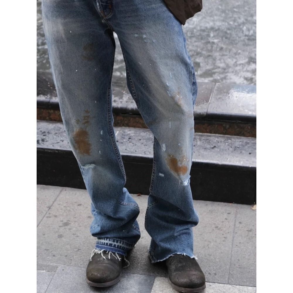 Men's High-Waisted Slim Fit Flared Jeans Designer Distressed Denim with Splatter & Burn Effects Retro Button Fly 70% Cotton No Stretch S-3XL_mkmklike.com