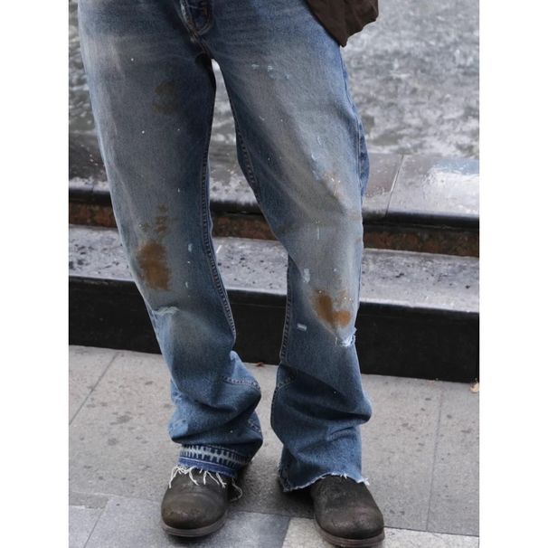 Men's High-Waisted Slim Fit Flared Jeans Designer Distressed Denim with Splatter & Burn Effects Retro Button Fly 70% Cotton No Stretch S-3XL_mkmklike.com