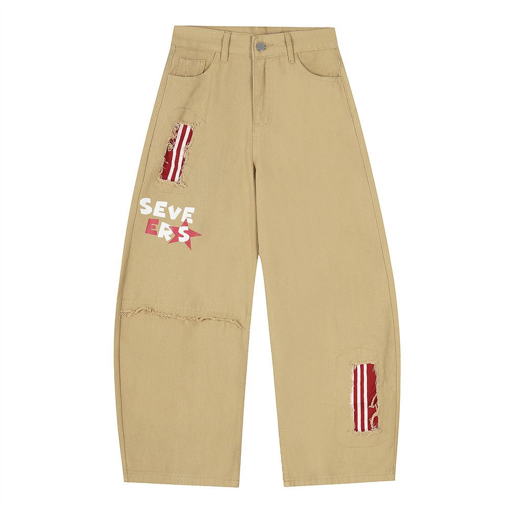 American Street Style Scimitar Silhouette Jeans Men's Trendy Color Block Patchwork Letter Print Loose Casual Cargo Pants_mkmklike.com