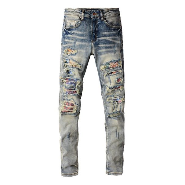 European And American High Street Ripped Pants Ripped Patch Men's Slim-fit Elastic Jeans Men Can Send Small Feet Pants 876_mkmklike.com