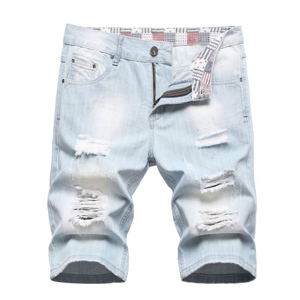 Men's Trendy Light Colored Ripped Denim Shorts Summer Outer Size Available Mid-Length Loose Straight Leg Five Point_mkmklike.com
